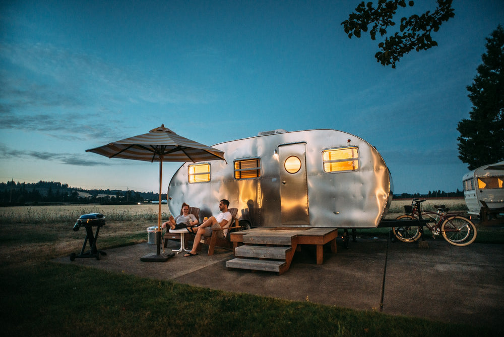 Vintage travel trailer at dusk